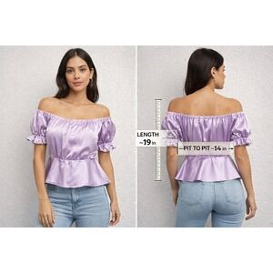 Idem Ditto Lavender Satin Off Shoulder Peplum Top Smocked Puff Sleeve Small
